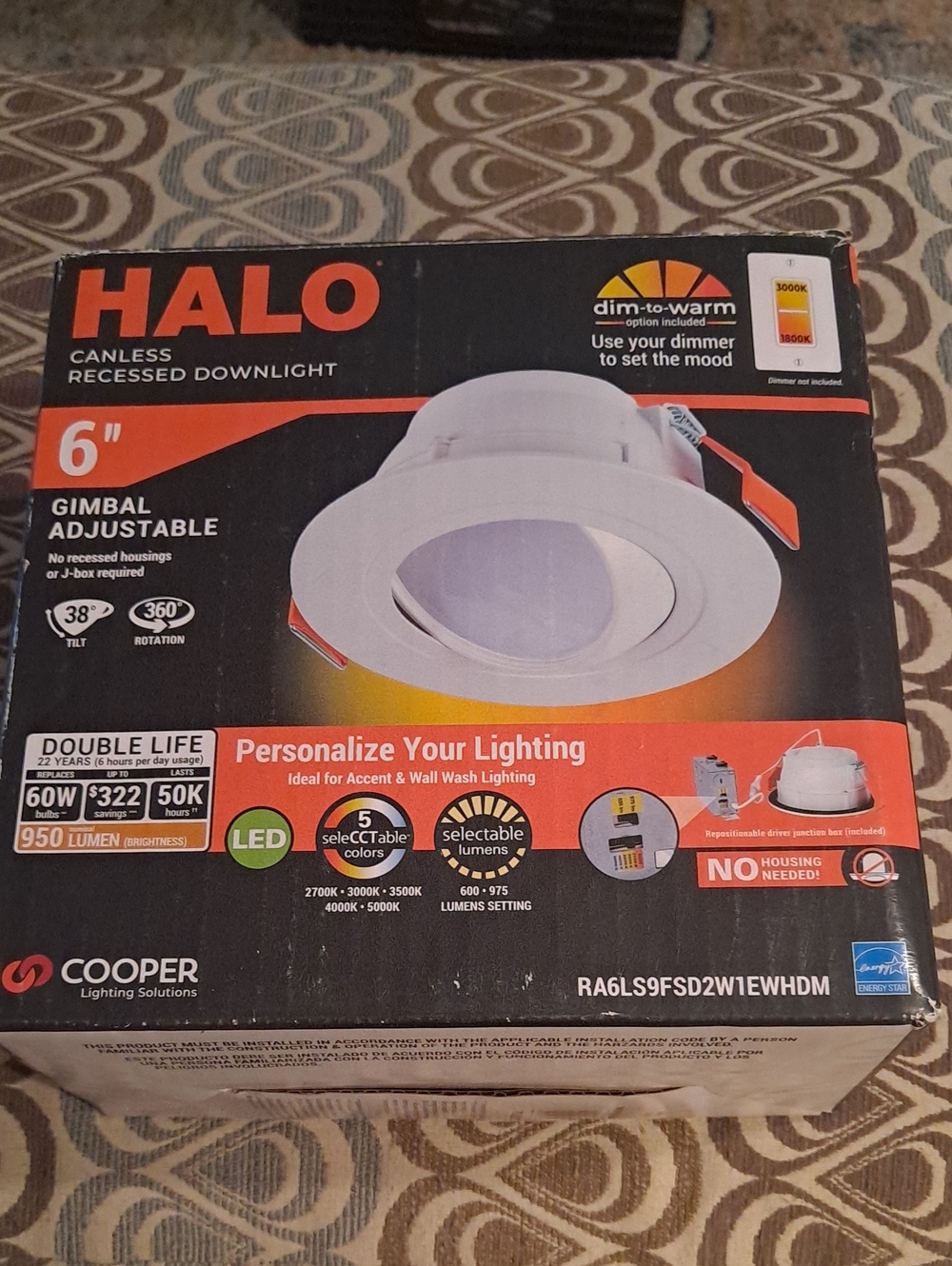 Halo 6" Gimbal Adjustable Canless Recessed Downlight . Dimmable.